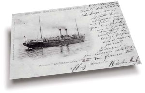 Una cartolina dal Paquebot “La Champagne”,
ottobre 1907, sulla linea Le Havre-New York.