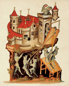 L’assedio di un castello, in una miniatura del “Bellifortis” di Konrad Kyeser, uno dei migliori trattati                  di ingegneria militare del Medioevo.<br>
                (Archivio BPP)