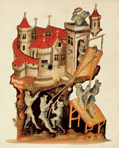 L’assedio di un castello, in una miniatura del “Bellifortis” di Konrad Kyeser, uno dei migliori trattati di ingegneria militare del Medioevo.<br>
(Archivio BPP)