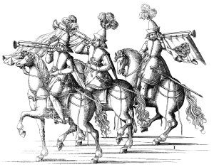 La fanfara a cavallo,alle prove generali
per una festanel Palatinato-Neuburg,in una stampa del XVII secolo. - Archivio BPP