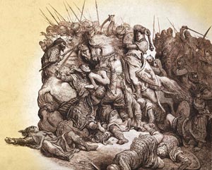 Potere delle armi.Pagg. 5 e 8: Xilografie originali di Gustave Doré per la prima edizione assoluta della “Histoire des Croisades”, Parigi, 1877.Qui sotto, Riccardo Cuor di Leone alla battaglia di Arsur.