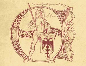 Carlomagno, in un capolettera miniato del Quattrocento, di ambito tedesco.
