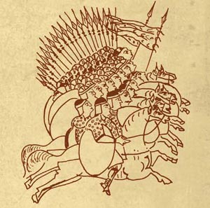 Carica di cavalleria leggera con fanteria, da un codice manoscritto della Biblioteca di Leiden (Olanda), XI secolo.
