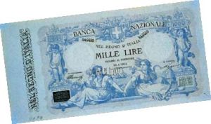Recto delle Mille lire della Banca Nazionale, emissione 1877. Le due figure femminili rappresentano l’Industria e l’Agricoltura. Sullo sfondo, un piroscafo e una barca
a vela latina.