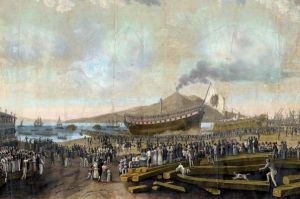 Il cantiere navale di Castellammare di Stabia nel momento in cui si vara il mercantile “La Partenopea”. Incisione di Giorgio Hackert. - Archivio BPP