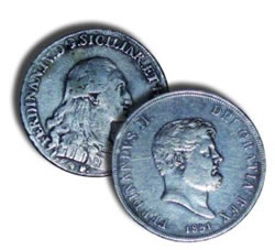 Due monete da 120 grana del Regno delle Due Sicilie: a sinistra, Ferdinando IV (1793) e, a destra, Ferdinando II di Borbone (1851). - Archivio BPP
