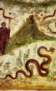 Pompei: Un affresco con serpente, nella Casa del Centenario. Si noti il voluto accostamento dellanimale con il Vesuvio. - Archivio BPP